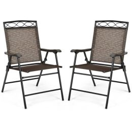 Set of 2 Patio Folding Chairs Sling Portable Dining Chair Set with Armrest